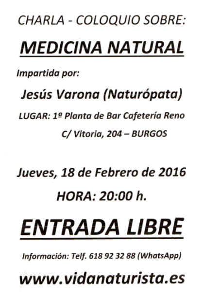 CHARLA - COLOQUIO SOBRE MEDICINA NATURAL para este jueves, 18 de Febrero de 2016 a las 20:00 h.